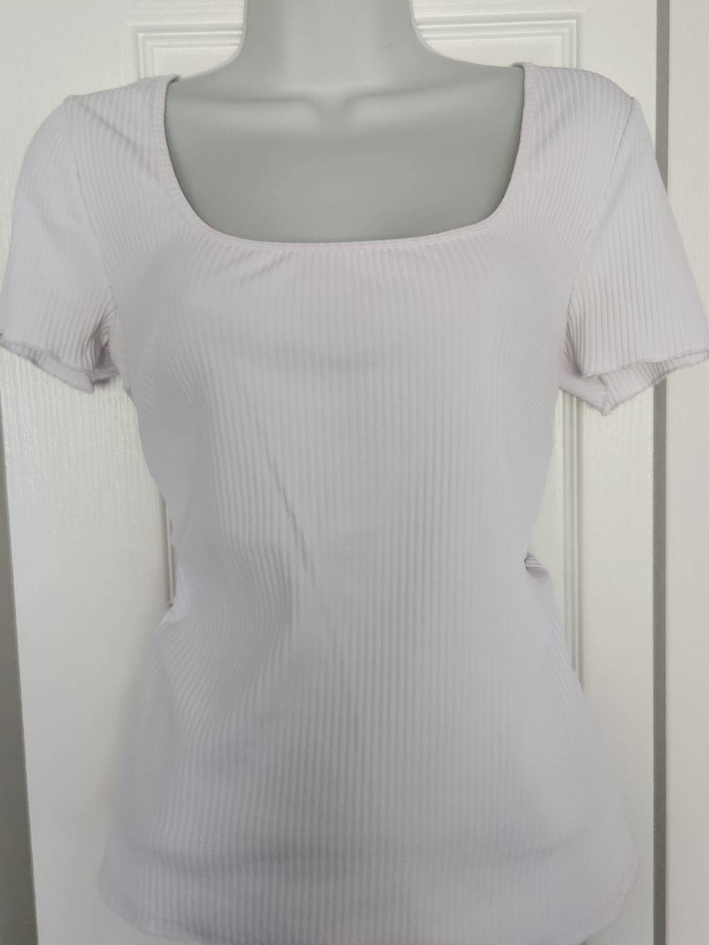 Zara White Ribbed Square Neck Short Sleeve Top